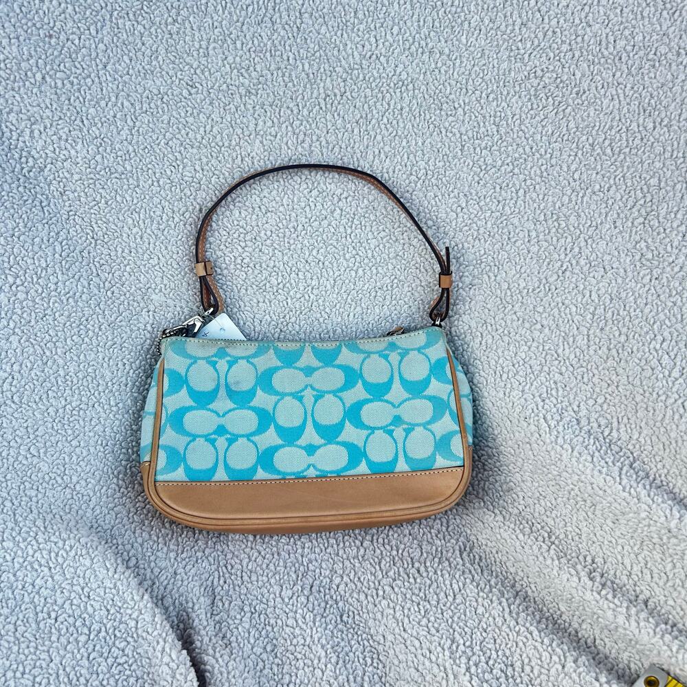Vintage coach signature shoulder bag blue monogram canvas with tan leather trim